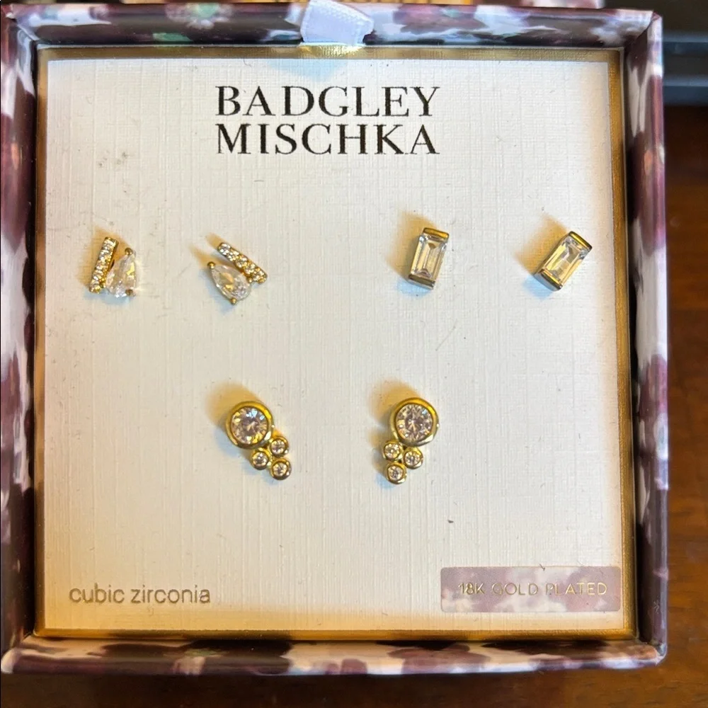 New Badgley Mischka Earring Set - cubic zirconia- 18k gold plated - stud